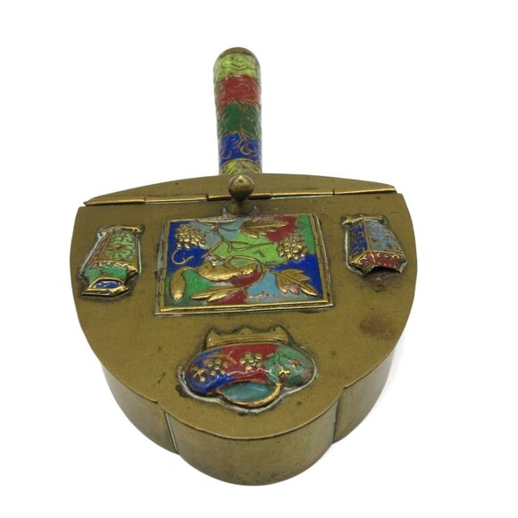 Vintage Brass And Enamel SILENT BUTLER With Decorative Handle And Hinged Lid - Picture 4 of 12